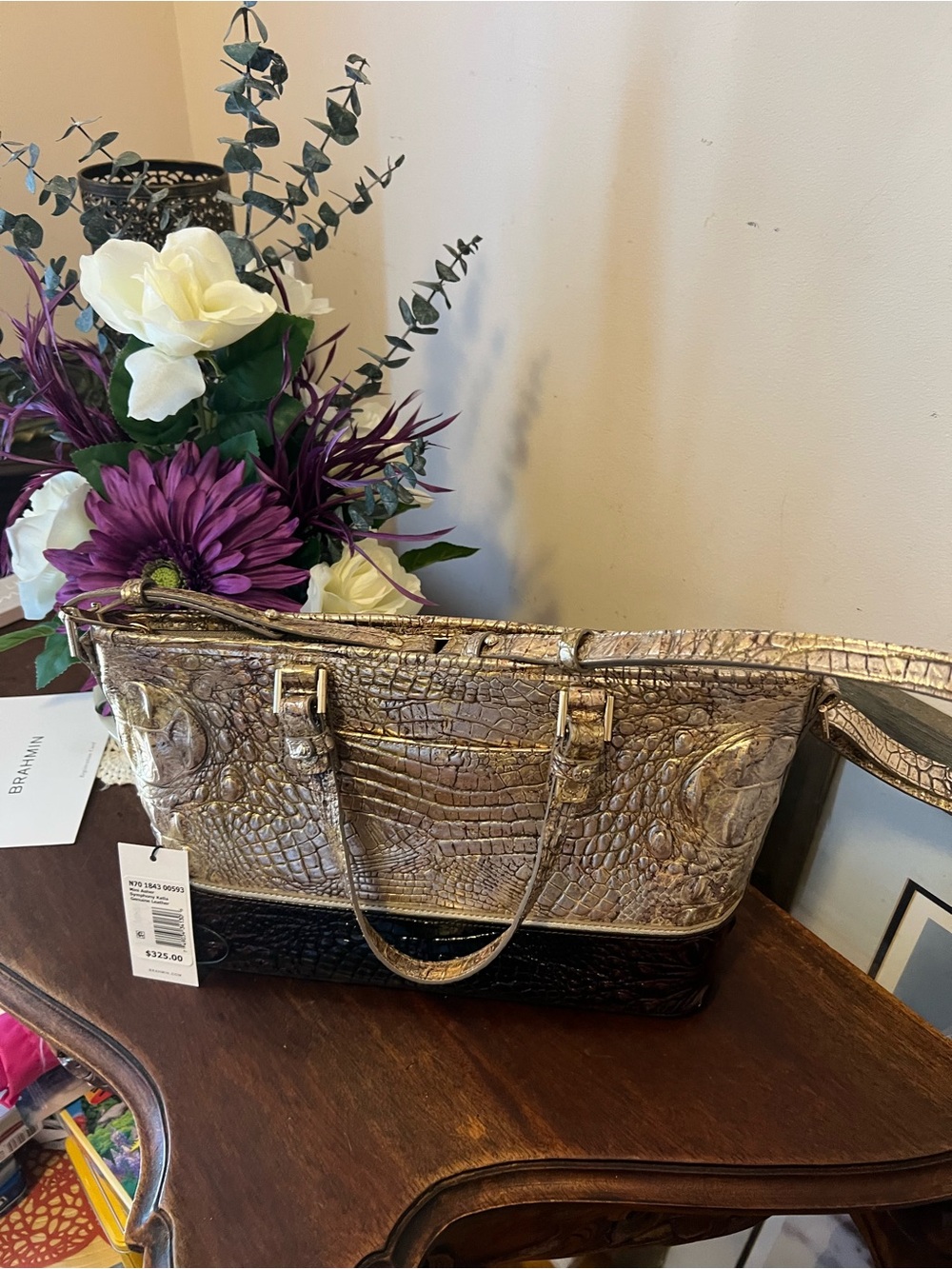 Brahmin Metallic Gold and Black Croc-Embossed Tote